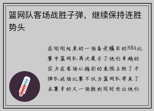 篮网队客场战胜子弹，继续保持连胜势头